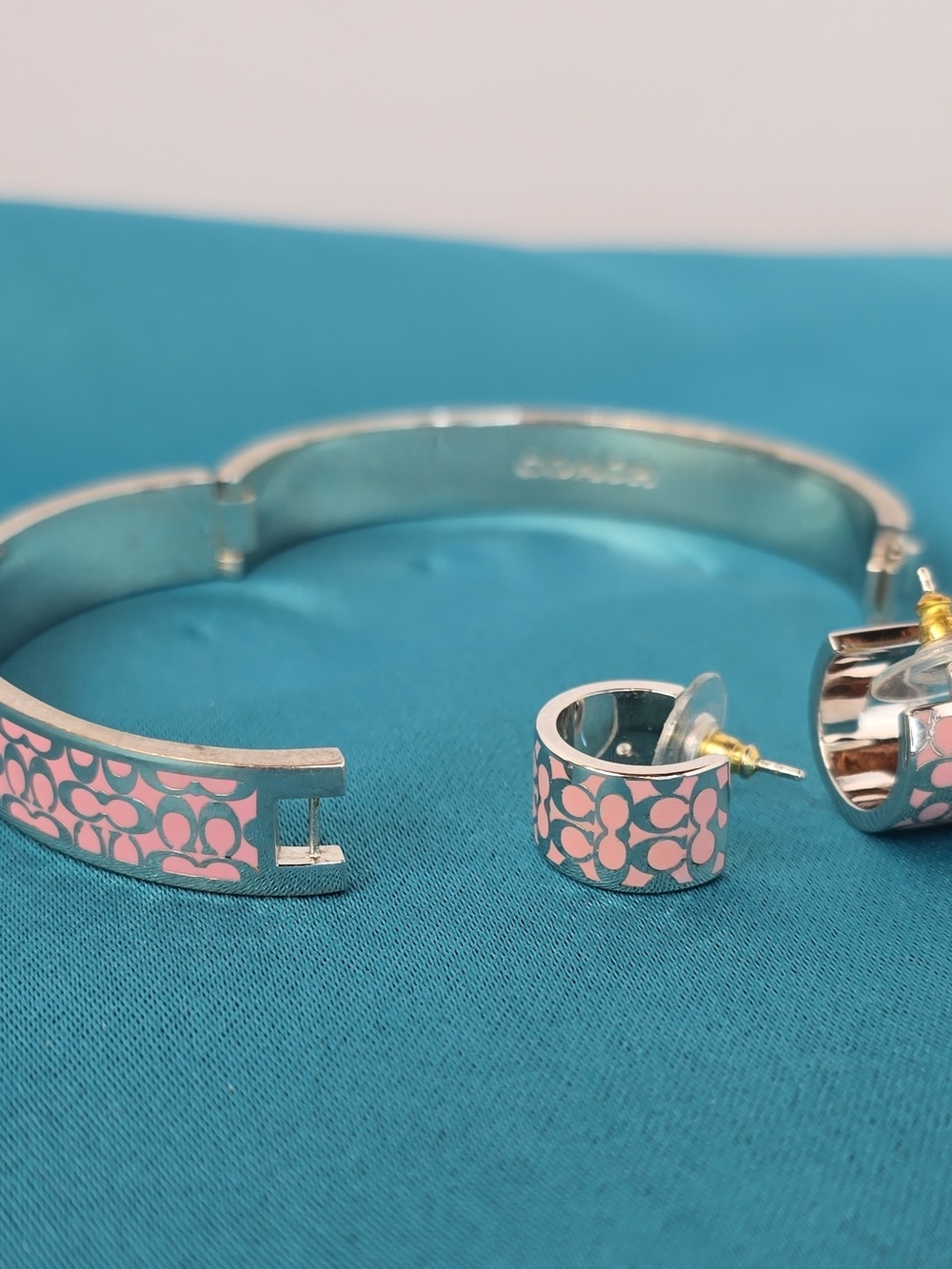 Coach Pink Signature Enamel Bangle and Hoop Earrings Set